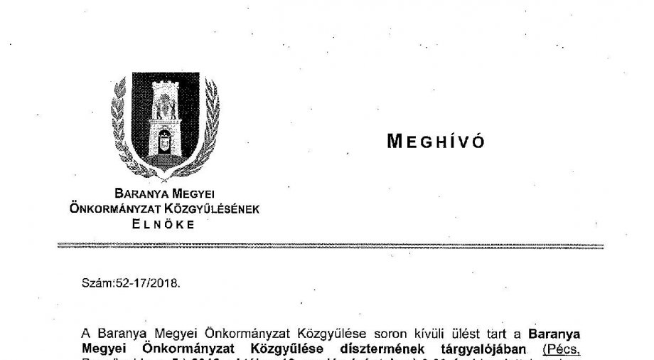 Meghívó a Baranya Megyei Önkormányzat Közgyűlésének 2018.10.12-i ülésére