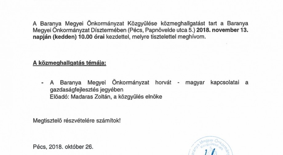 Meghívó a Baranya Megyei Önkormányzat Közgyűlésének 2018.11.13-i ülésére